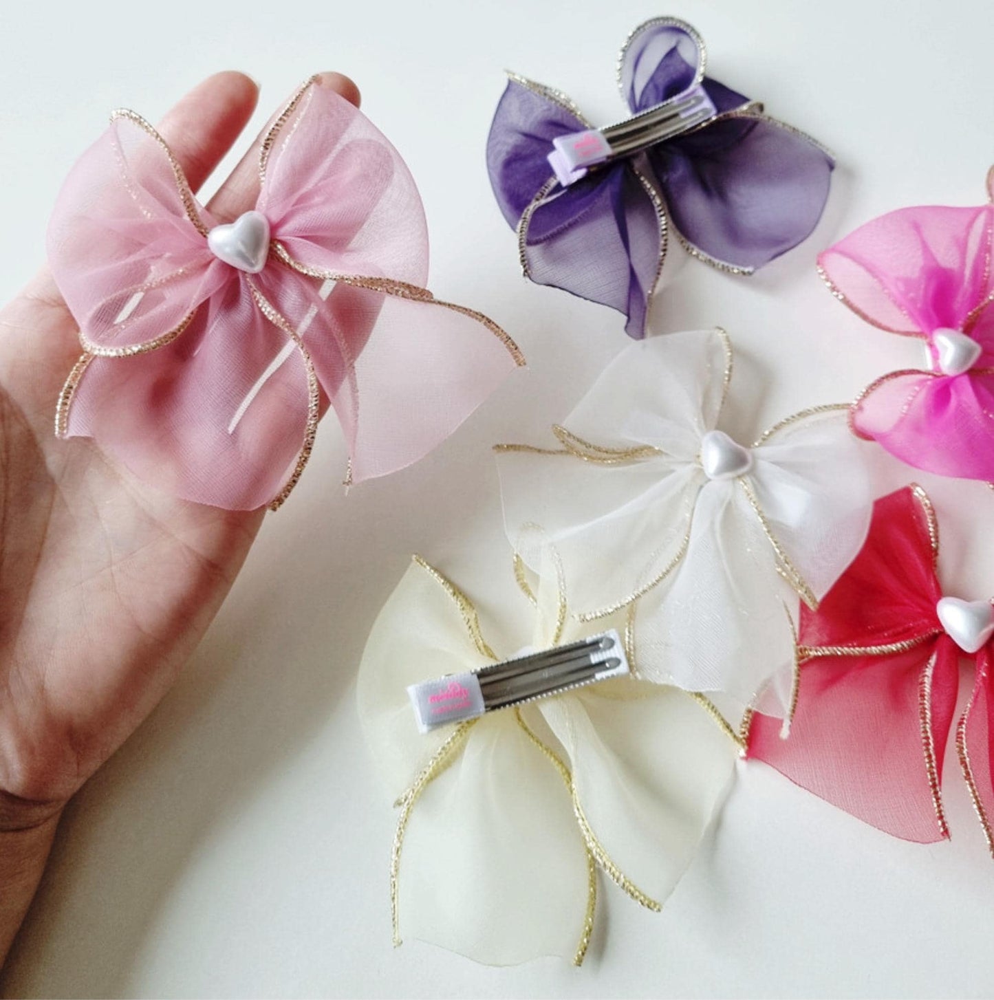 Gold-Edged Organza Bow Hair Clip Light Pink, Deep Pink, Yellow, White, Red, Purple Girl Toddler Formal Gold hypoallergenic [with Pinkluvme]