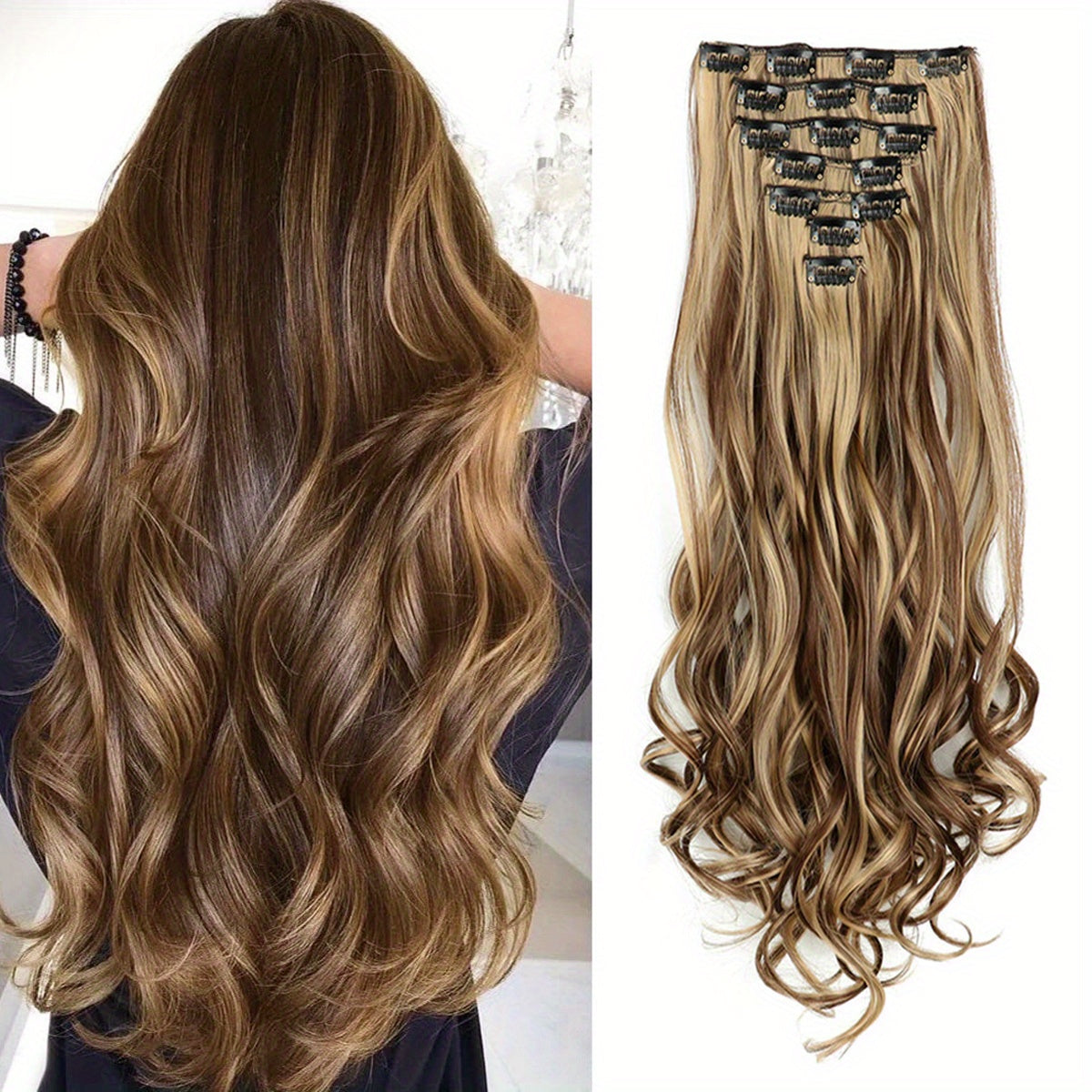 Clip In Hair Extensions 7 PCS Full Head 22 Inch Long Curly Wavy Synthetic Clip Hair Pieces Wavy Hair Pieces For Women Girls Hair Clips Hair Accessories Halloween Christmas