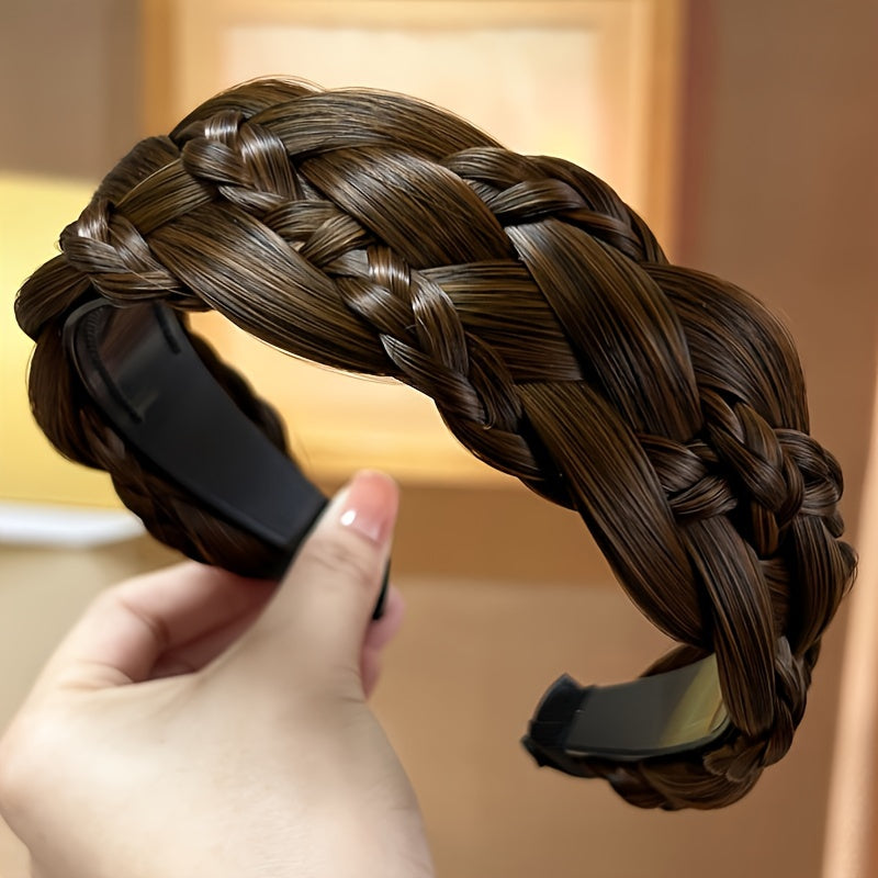 1pc Synthetic Braided Headband Handmade Natural Looking Extra Wide Braided Hair Hoop Elegant Twisted Braids Hair Band Fishbone Braid Weave Hair Accessories