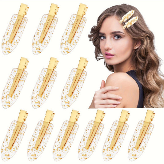 4/12-Piece golden & Pink Glitter No-Crease Hair Clips Set - Cute/Simple Oval Design, Non-Slip Flat Hair Accessories For Styling, Acetate Material, Perfect For Teens & Adults