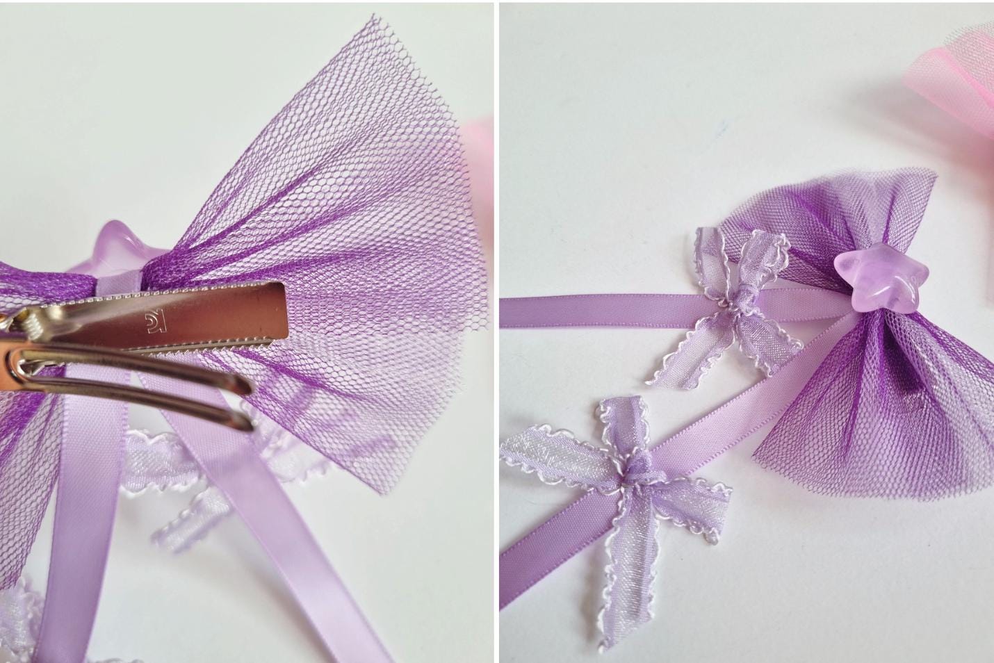 Handmade Star and Bow Hair Clip Double Ribbon Tail Petite Bow Tail Tulle Fan Style Bow Girl Toddler Bow Clip [with Pinkluvme]