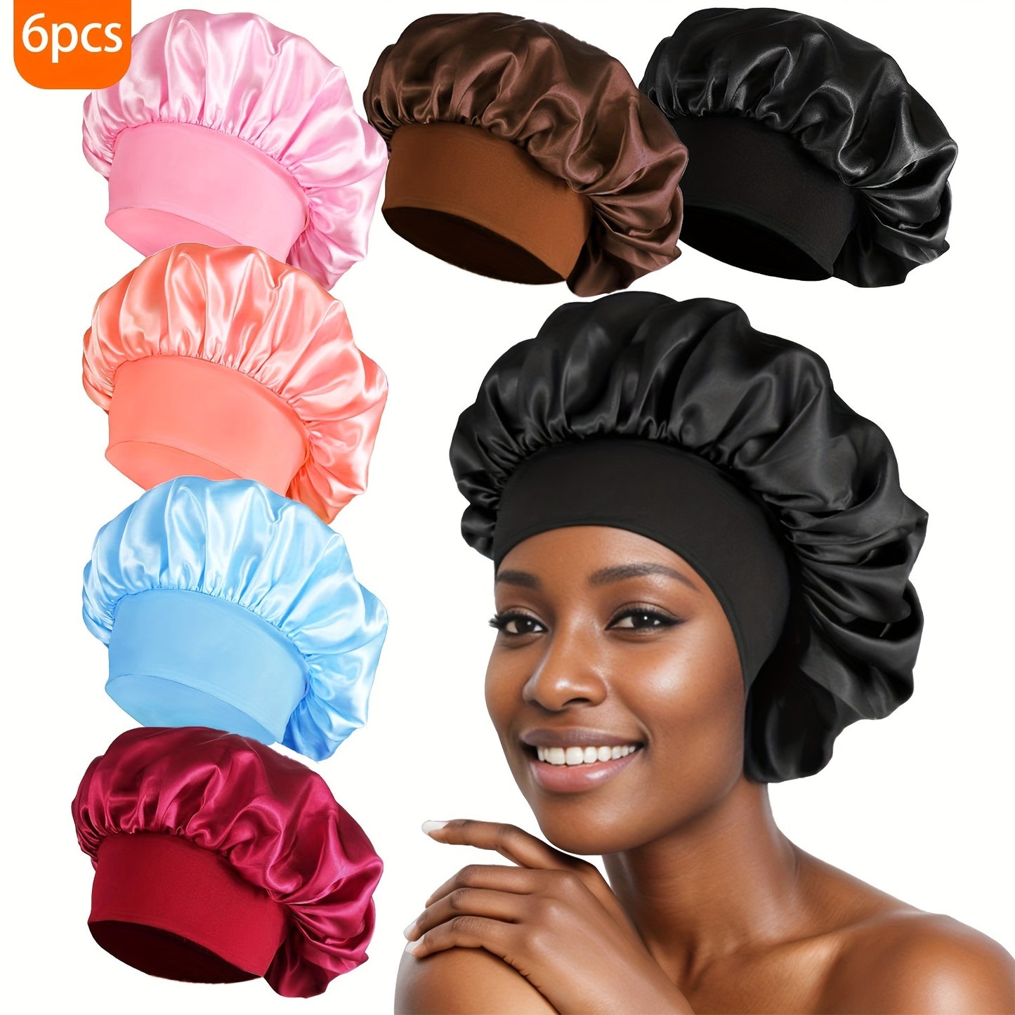 6pcs Soft Satin Sleep Bonnets - Skullies & Beanies for Women, Comfortable Night Hair Protection, Breathable Elastic Band Hair Care Cover for Sleeping, Gentle Hair Accessories for Beauty Sleep