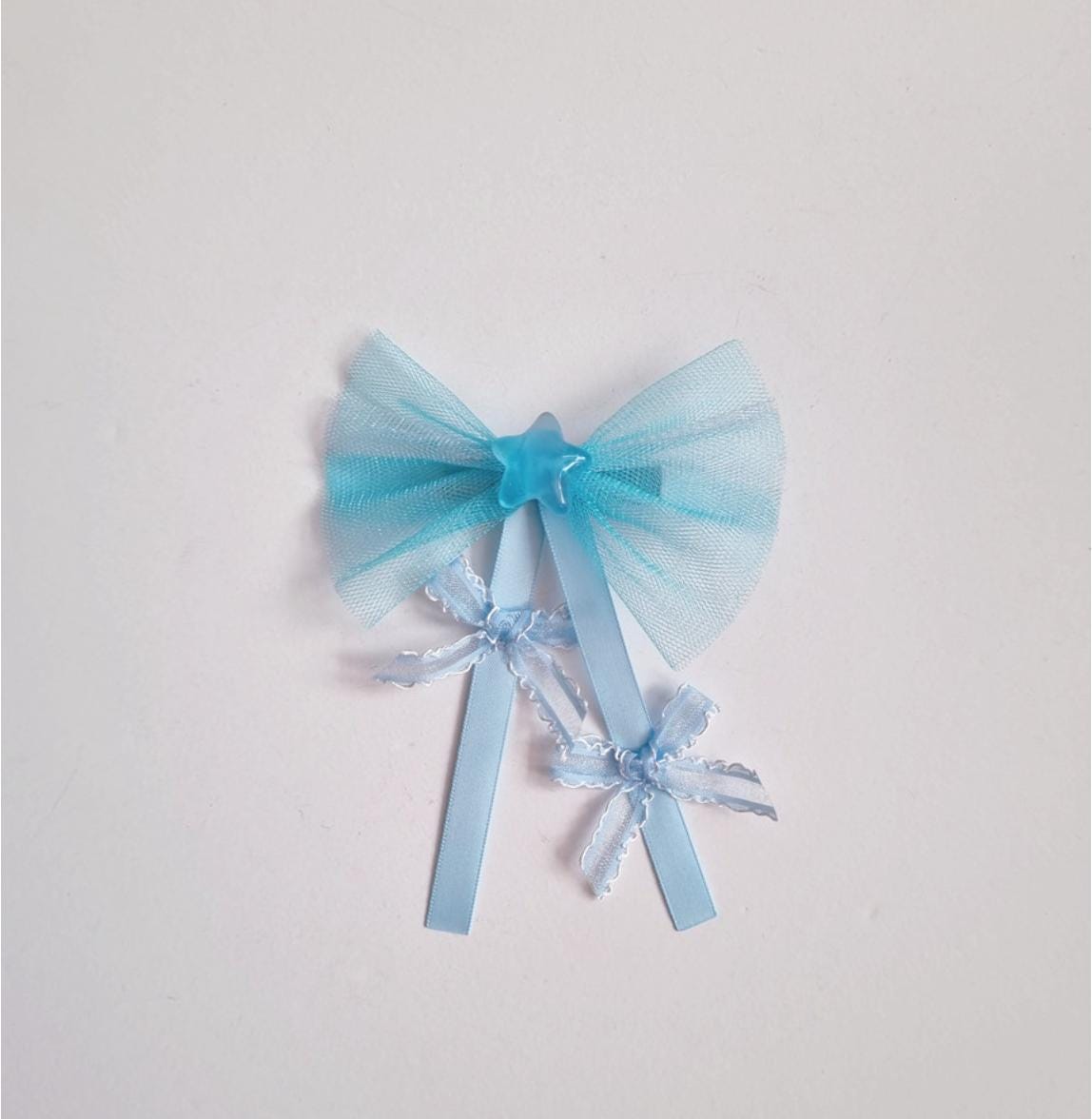 Handmade Star and Bow Hair Clip Double Ribbon Tail Petite Bow Tail Tulle Fan Style Bow Girl Toddler Bow Clip [with Pinkluvme]
