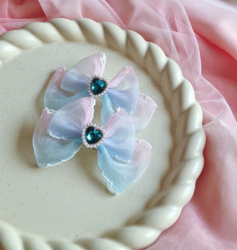 Girl Pig Tail Heart Gem Chiffon Gradation Colored Bow Ribbon Hair Pin Hair Clip 1+1 Set of 2 Pigtail Hair Clip Set Toddler [with Pinkluvme]