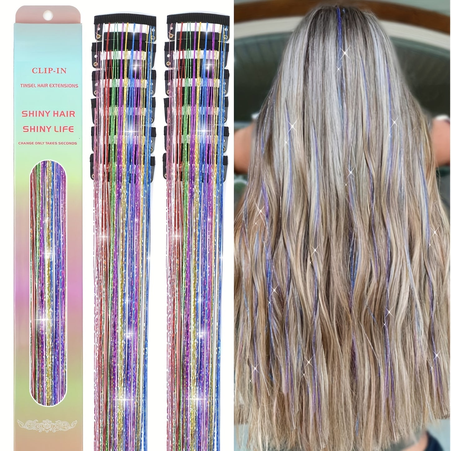 [12Pcs Clip In Tinsel] 12Pcs 23.6inch Clip In Hair Tinsel | Fairy Hair Tinsel Glitter Hair Extensions | Sparkly Hair Accessories For Girls Women