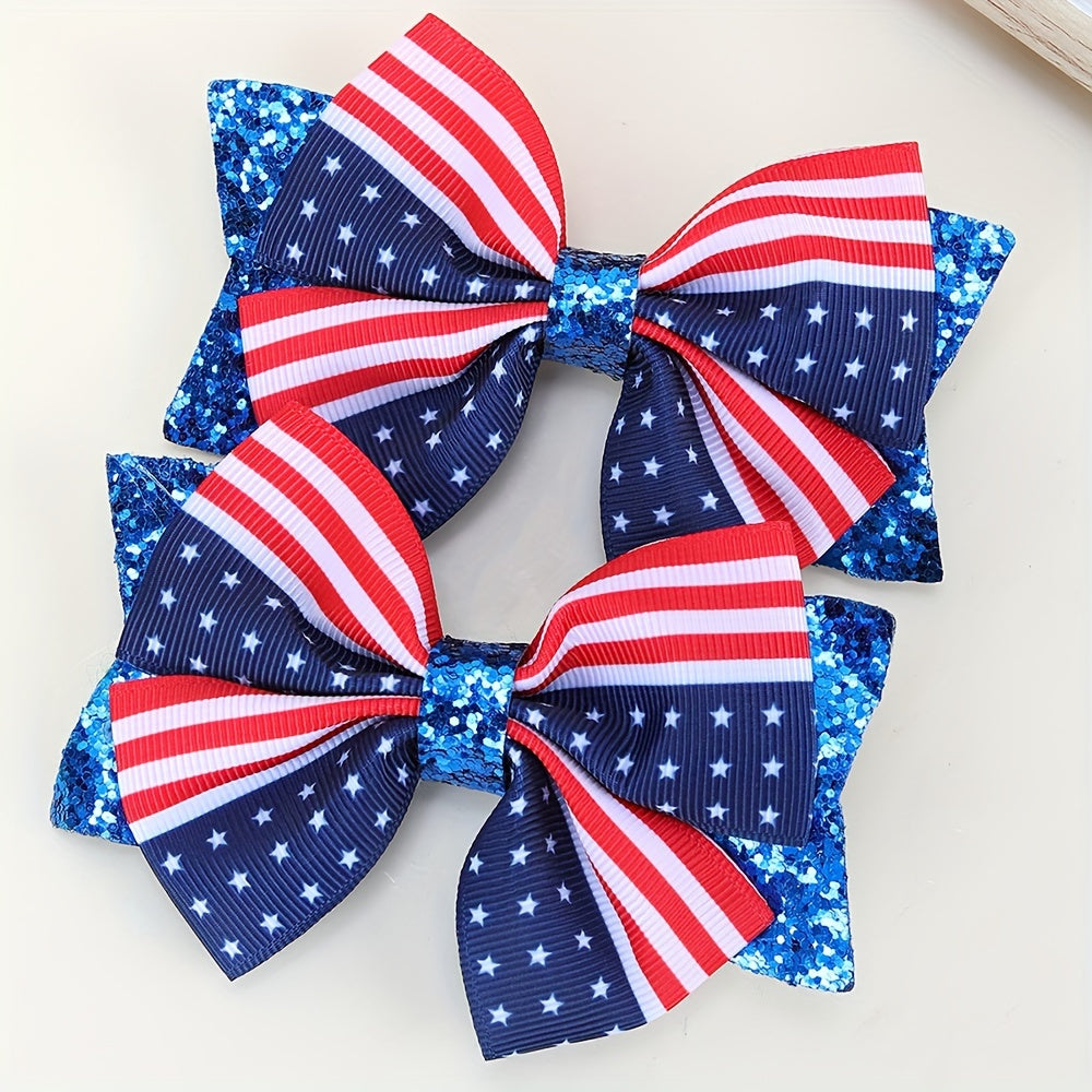 4th of July Patriotic Hair Bow Clips – USA Flag Glitter Bows (2 Pack)