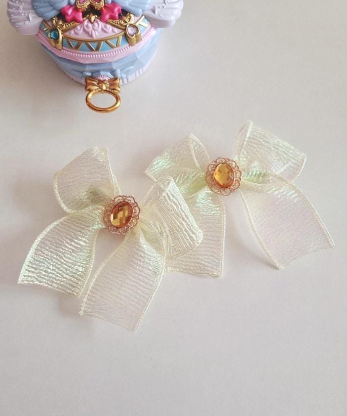 Girl Princess Gem Hair Chiffon Bow Pin Jewel Charm Ribbon Aurora Shiny Chiffon Bow Ribbon Hair Clip 1+1 Hair Pin Set of 2 [with Pinkluvme]