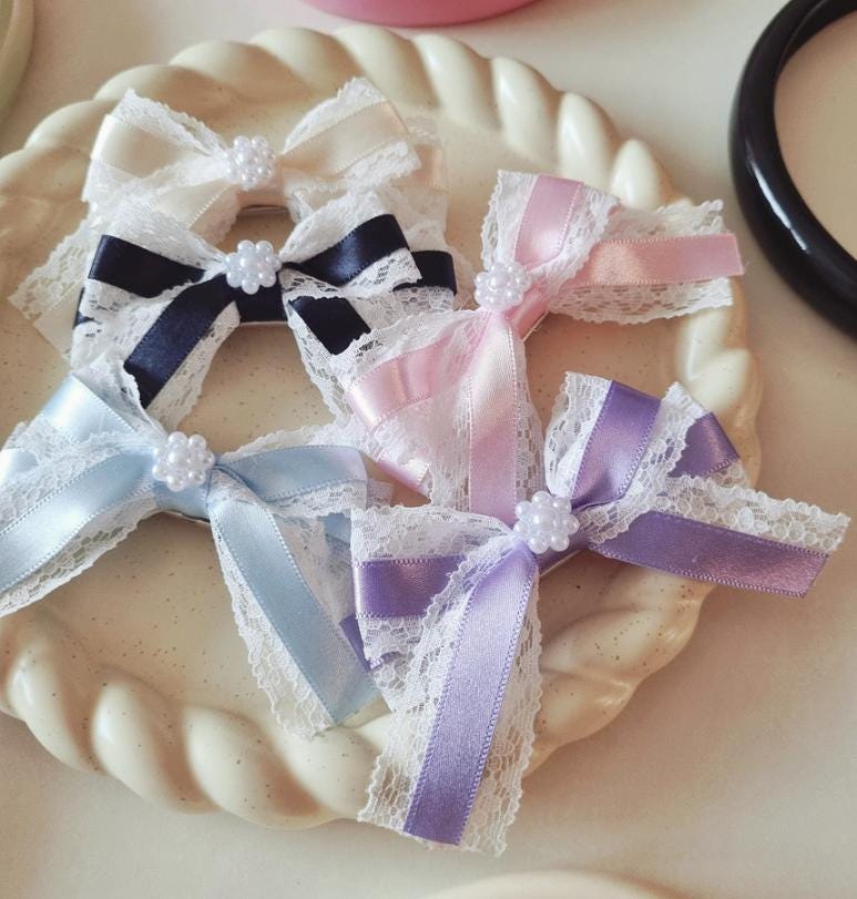 Lace & Satin Bow Hair Clip – Elegant Baby-Safe Design; Handmade in Korea Mini flower charm center classy timeless formal [with Pinkluvme]