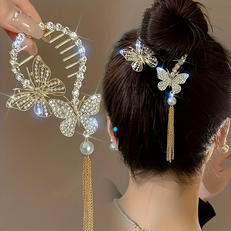 1pc Zinc Alloy Rhinestone Faux Pearl Tassel Butterfly Hair Clip, Ponytail Buckle, Hair Accessories For Teen Girls