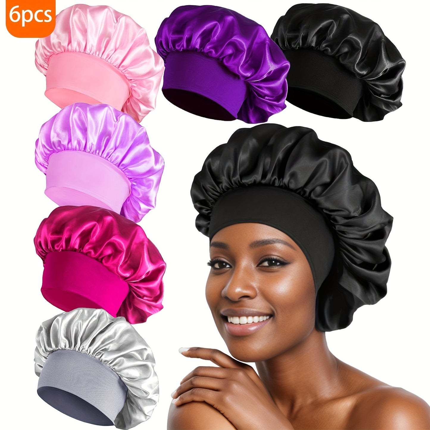 6pcs Soft Satin Sleep Bonnets - Skullies & Beanies for Women, Comfortable Night Hair Protection, Breathable Elastic Band Hair Care Cover for Sleeping, Gentle Hair Accessories for Beauty Sleep