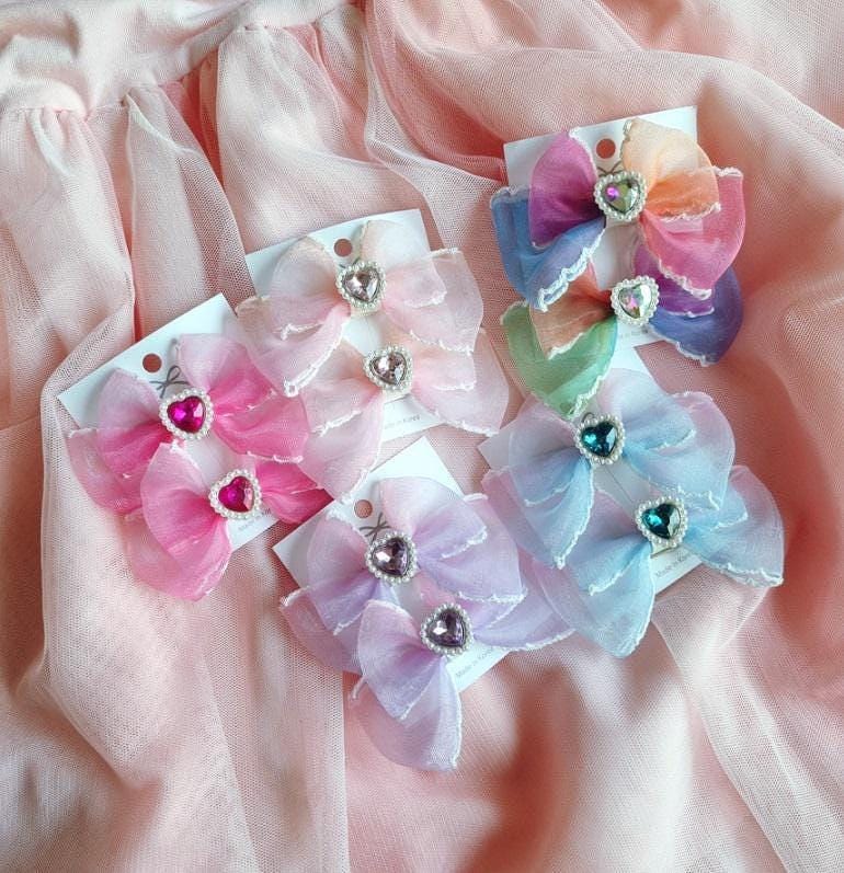Girl Pig Tail Heart Gem Chiffon Gradation Colored Bow Ribbon Hair Pin Hair Clip 1+1 Set of 2 Pigtail Hair Clip Set Toddler [with Pinkluvme]