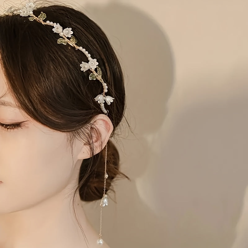 Elegant Lily Of The Valley Faux Pearl Headband - Chic Floral Tassel Hair Accessory For Women And Girls, Perfect For Parties & Photo Shoots Hair Jewelry For Women Flower Hair Accessories