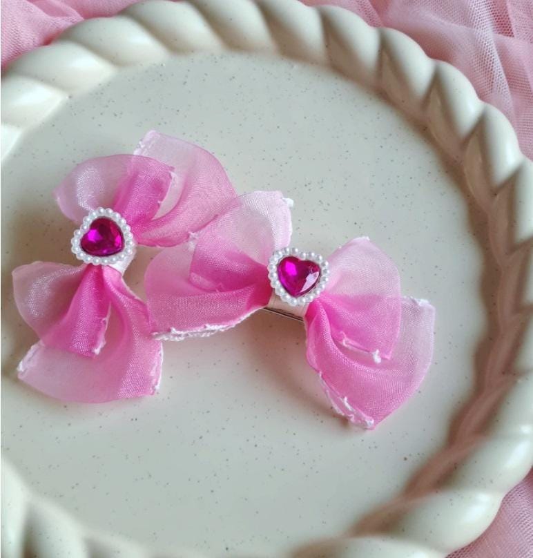 Girl Pig Tail Heart Gem Chiffon Gradation Colored Bow Ribbon Hair Pin Hair Clip 1+1 Set of 2 Pigtail Hair Clip Set Toddler [with Pinkluvme]