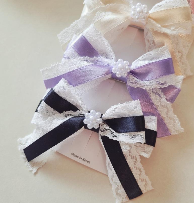 Lace & Satin Bow Hair Clip – Elegant Baby-Safe Design; Handmade in Korea Mini flower charm center classy timeless formal [with Pinkluvme]