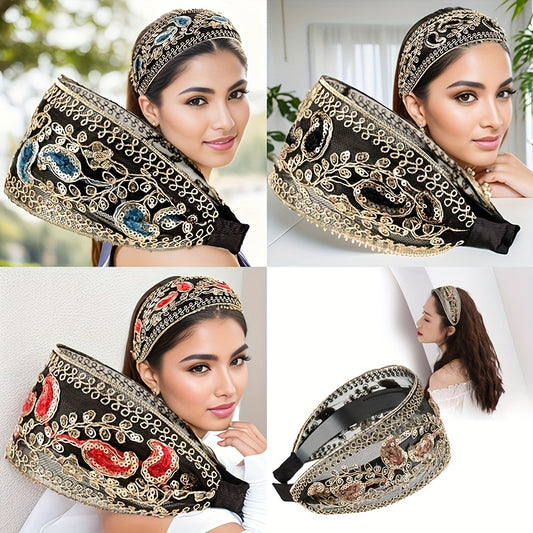 [Popular Choice] Elegant 2pcs Floral Sequin Wide Headbands for Women, Vintage Style Polyester Hair Accessories with Teeth, Anti-Slip Summer Hairband Set - Ideal Festival Gift