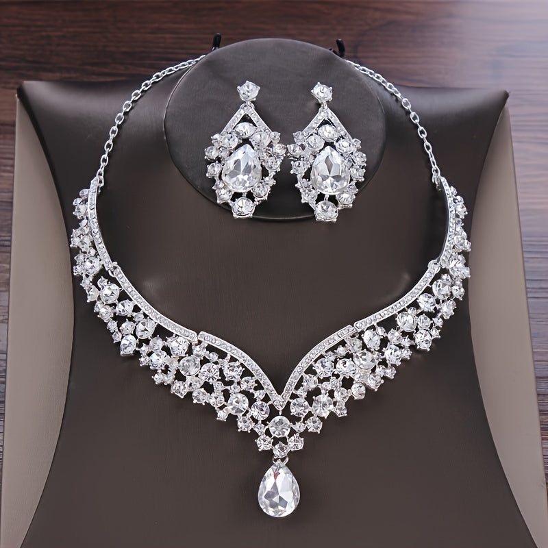 3pcs Exquisite Crystal Bridal Jewelry Set - Stunning Rhinestone Crown Necklace and Dangling Earrings Set with Wedding Hair Accessories, Perfect for Brides and Bridesmaids