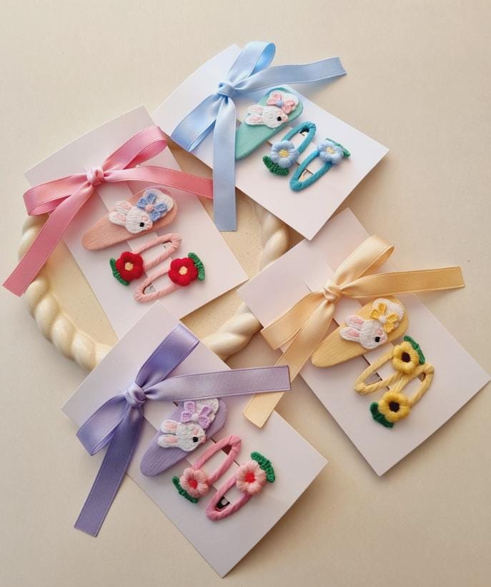 Girl Spring Flower Hair Snap Clip Handmade Spring Stitched Embroidered Flower Handwrapped Hair Clip Made in South Korea [with Pinkluvme]