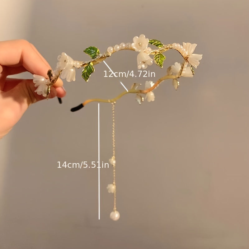 1pc Girl's New Vintage White Lily Flower Faux Pearl Tassel Temperament Elegant Women's Hair Hoop Hair Accessories, Ideal choice for Gifts