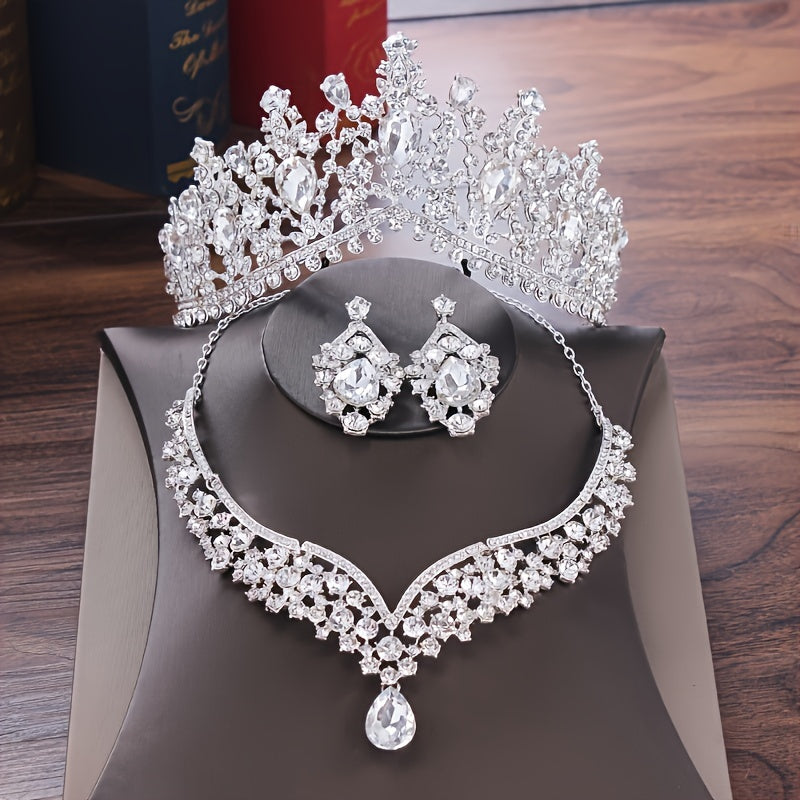 3pcs Exquisite Crystal Bridal Jewelry Set - Stunning Rhinestone Crown Necklace and Dangling Earrings Set with Wedding Hair Accessories, Perfect for Brides and Bridesmaids