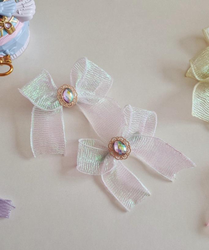Girl Princess Gem Hair Chiffon Bow Pin Jewel Charm Ribbon Aurora Shiny Chiffon Bow Ribbon Hair Clip 1+1 Hair Pin Set of 2 [with Pinkluvme]
