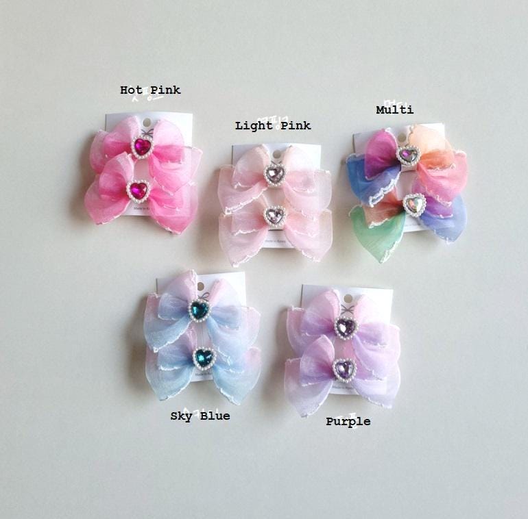 Girl Pig Tail Heart Gem Chiffon Gradation Colored Bow Ribbon Hair Pin Hair Clip 1+1 Set of 2 Pigtail Hair Clip Set Toddler [with Pinkluvme]