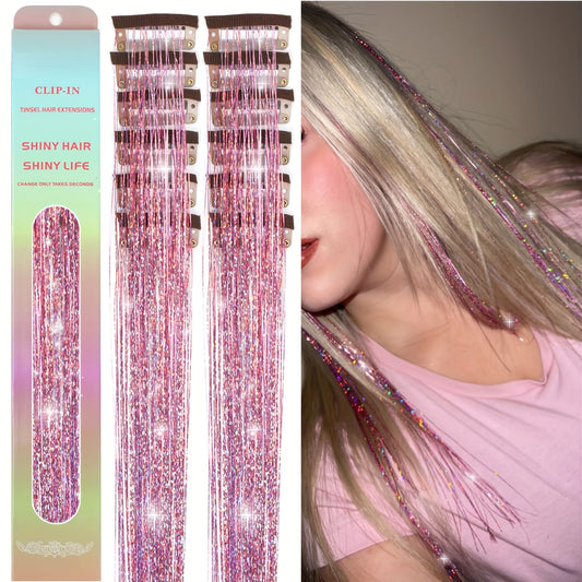 [12Pcs Clip In Tinsel] 12Pcs 23.6inch Clip In Hair Tinsel | Fairy Hair Tinsel Glitter Hair Extensions | Sparkly Hair Accessories For Girls Women