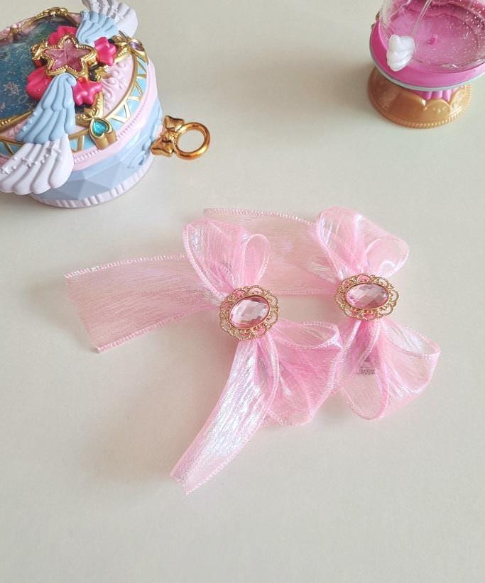 Girl Princess Gem Hair Chiffon Bow Pin Jewel Charm Ribbon Aurora Shiny Chiffon Bow Ribbon Hair Clip 1+1 Hair Pin Set of 2 [with Pinkluvme]