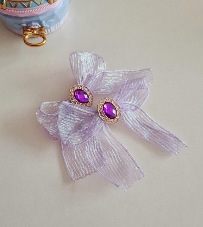 Girl Princess Gem Hair Chiffon Bow Pin Jewel Charm Ribbon Aurora Shiny Chiffon Bow Ribbon Hair Clip 1+1 Hair Pin Set of 2 [with Pinkluvme]