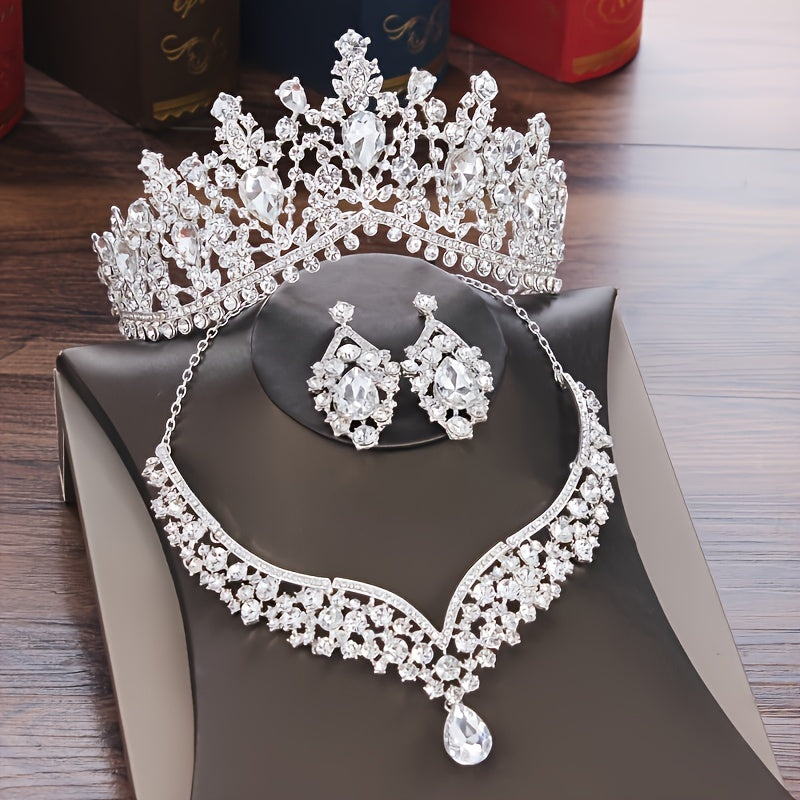 3pcs Exquisite Crystal Bridal Jewelry Set - Stunning Rhinestone Crown Necklace and Dangling Earrings Set with Wedding Hair Accessories, Perfect for Brides and Bridesmaids