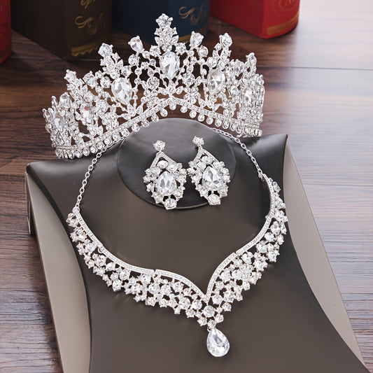 3pcs Exquisite Crystal Bridal Jewelry Set - Stunning Rhinestone Crown Necklace and Dangling Earrings Set with Wedding Hair Accessories, Perfect for Brides and Bridesmaids