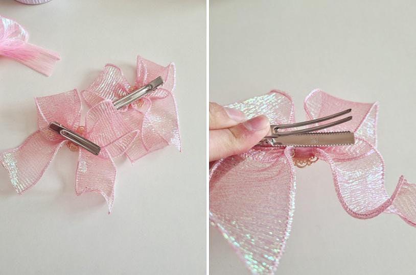 Girl Princess Gem Hair Chiffon Bow Pin Jewel Charm Ribbon Aurora Shiny Chiffon Bow Ribbon Hair Clip 1+1 Hair Pin Set of 2 [with Pinkluvme]