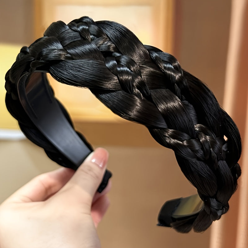 1pc Synthetic Braided Headband Handmade Natural Looking Extra Wide Braided Hair Hoop Elegant Twisted Braids Hair Band Fishbone Braid Weave Hair Accessories