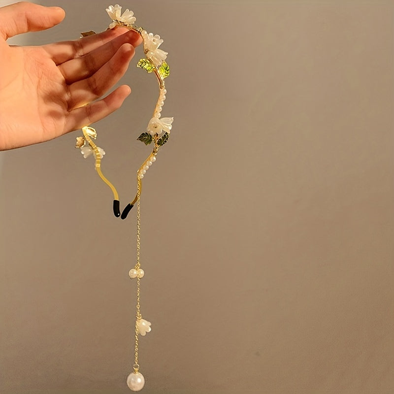 1pc Girl's New Vintage White Lily Flower Faux Pearl Tassel Temperament Elegant Women's Hair Hoop Hair Accessories, Ideal choice for Gifts