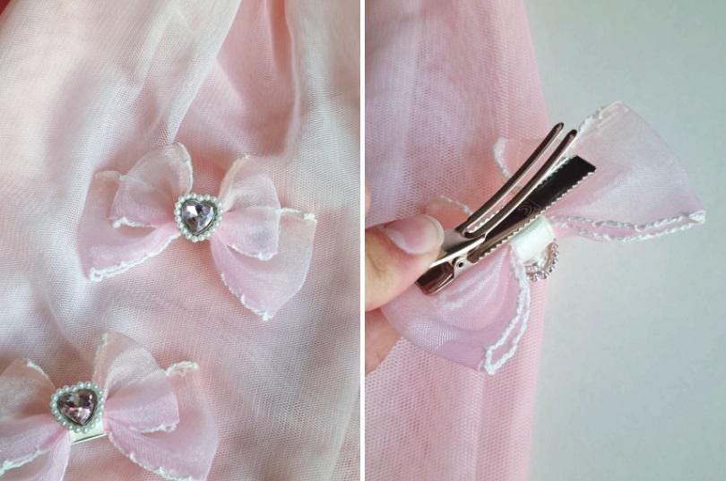 Girl Pig Tail Heart Gem Chiffon Gradation Colored Bow Ribbon Hair Pin Hair Clip 1+1 Set of 2 Pigtail Hair Clip Set Toddler [with Pinkluvme]