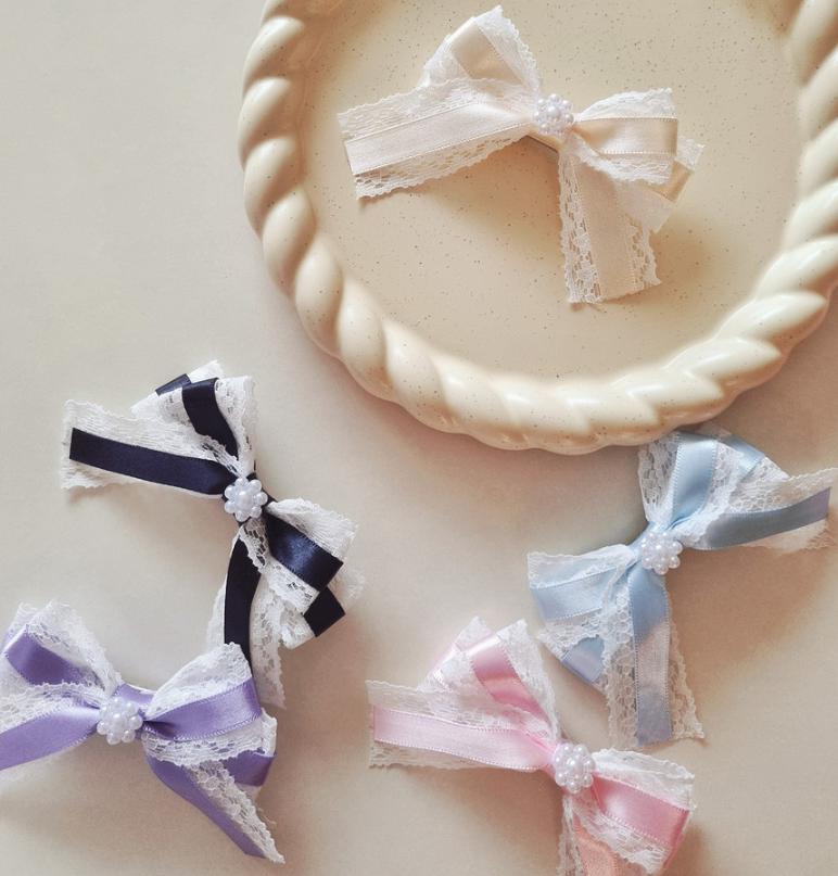 Lace & Satin Bow Hair Clip – Elegant Baby-Safe Design; Handmade in Korea Mini flower charm center classy timeless formal [with Pinkluvme]