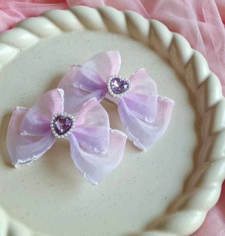 Girl Pig Tail Heart Gem Chiffon Gradation Colored Bow Ribbon Hair Pin Hair Clip 1+1 Set of 2 Pigtail Hair Clip Set Toddler [with Pinkluvme]