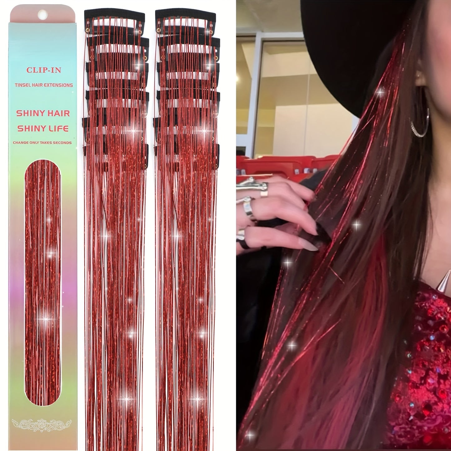 [12Pcs Clip In Tinsel] 12Pcs 23.6inch Clip In Hair Tinsel | Fairy Hair Tinsel Glitter Hair Extensions | Sparkly Hair Accessories For Girls Women
