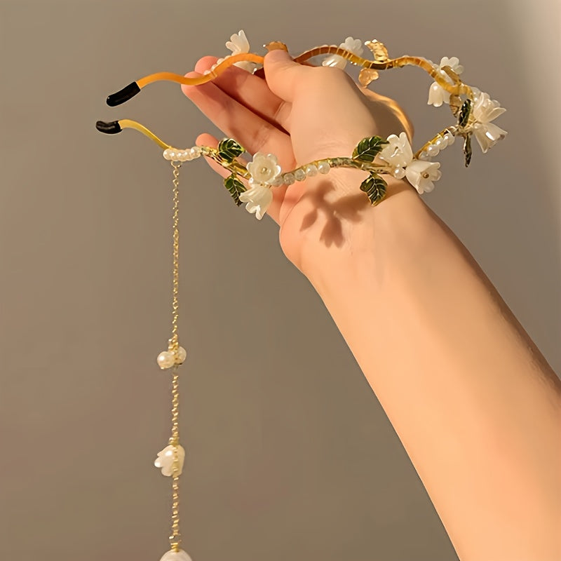 Elegant Lily Of The Valley Faux Pearl Headband - Chic Floral Tassel Hair Accessory For Women And Girls, Perfect For Parties & Photo Shoots Hair Jewelry For Women Flower Hair Accessories