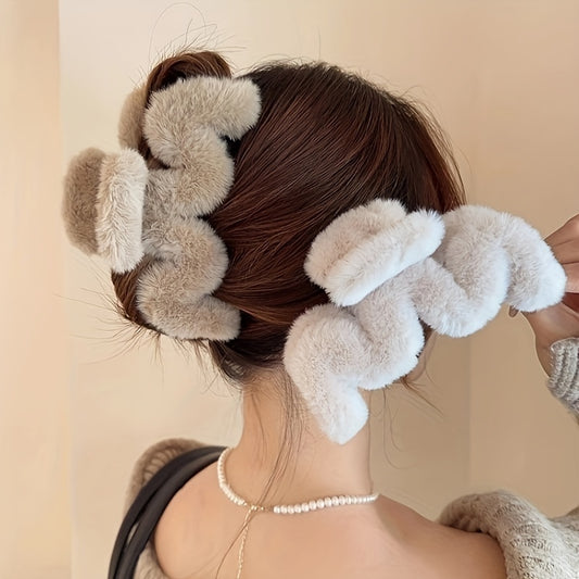 1pc Soft Wave Pattern Plush Hair Claw Clips, Winter Hair Accessories, Women Hair Clips, Large Size For Thick Hair, Christmas Gifts