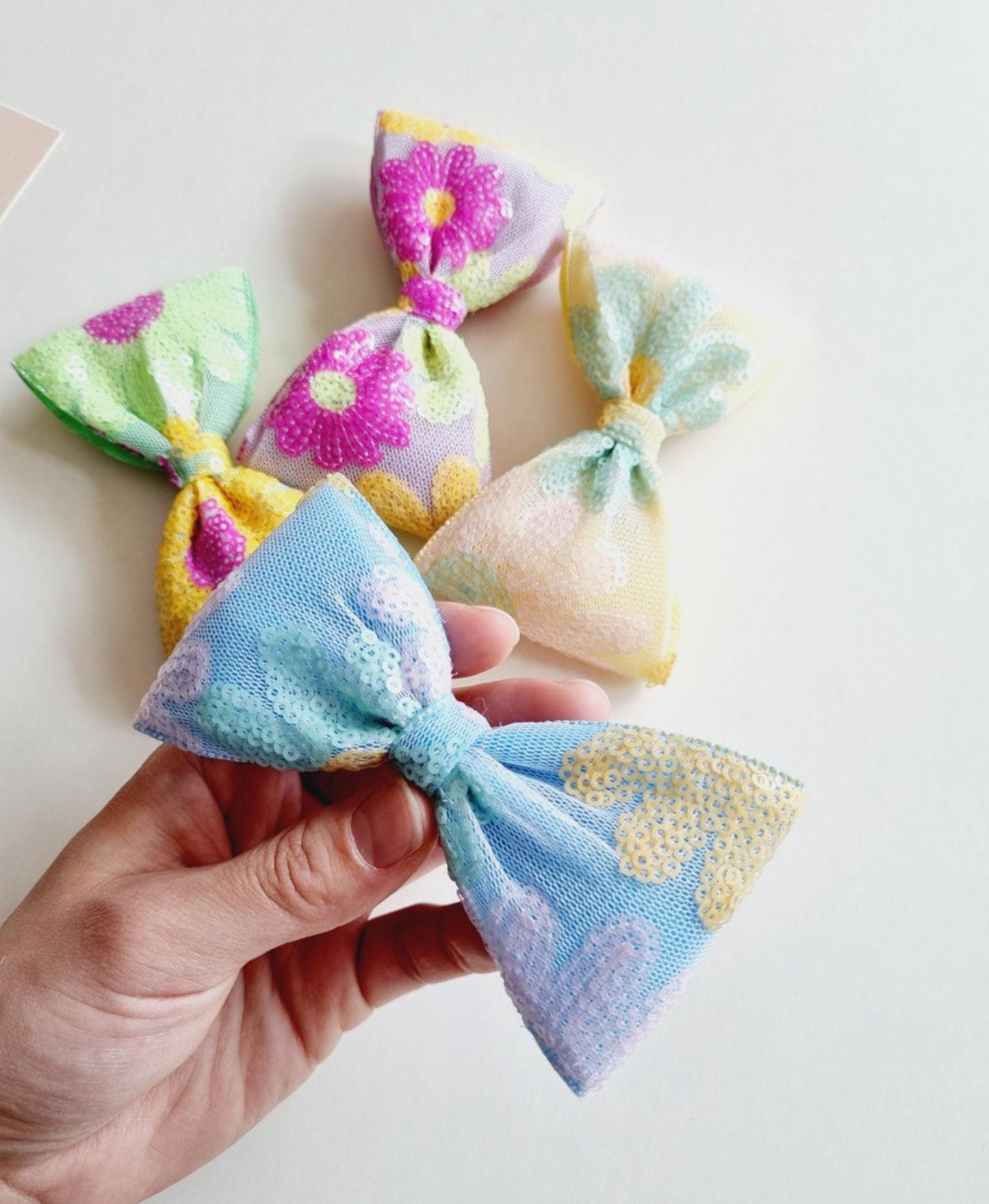 Aloha Pastel Sequin Flower Bow Clip Yellow green blue purple Hawaii tropical summer beach party puffy ribbon handmade floral with Pinkluvme