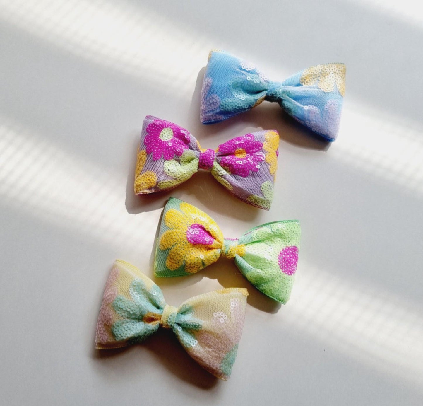 Aloha Pastel Sequin Flower Bow Clip Yellow green blue purple Hawaii tropical summer beach party puffy ribbon handmade floral with Pinkluvme