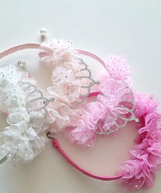 Sparkle Princess Tiara Headband Queen fluffy faux pearl earring handcrafted lightweight pink shades peach white Kpop idol [with Pinkluvme]