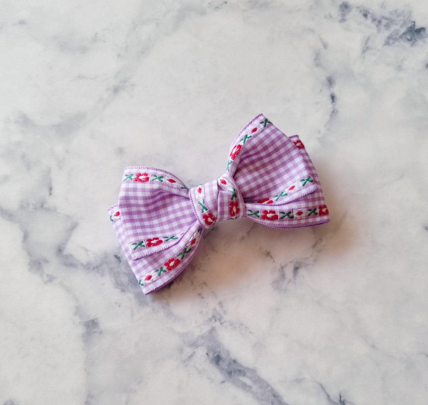 Gingham Garden Double Bow Hair Clip checkered pink orange red yellow purple Korean handmade pastel ribbon nickel free [with Pinkluvme]
