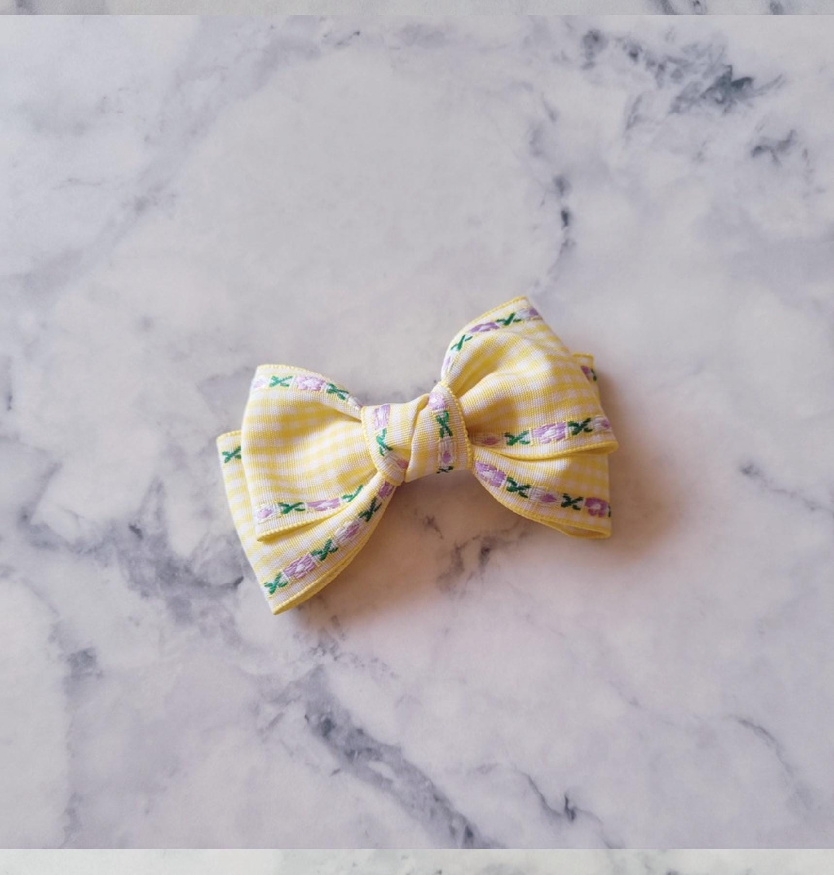 Gingham Garden Double Bow Hair Clip checkered pink orange red yellow purple Korean handmade pastel ribbon nickel free [with Pinkluvme]