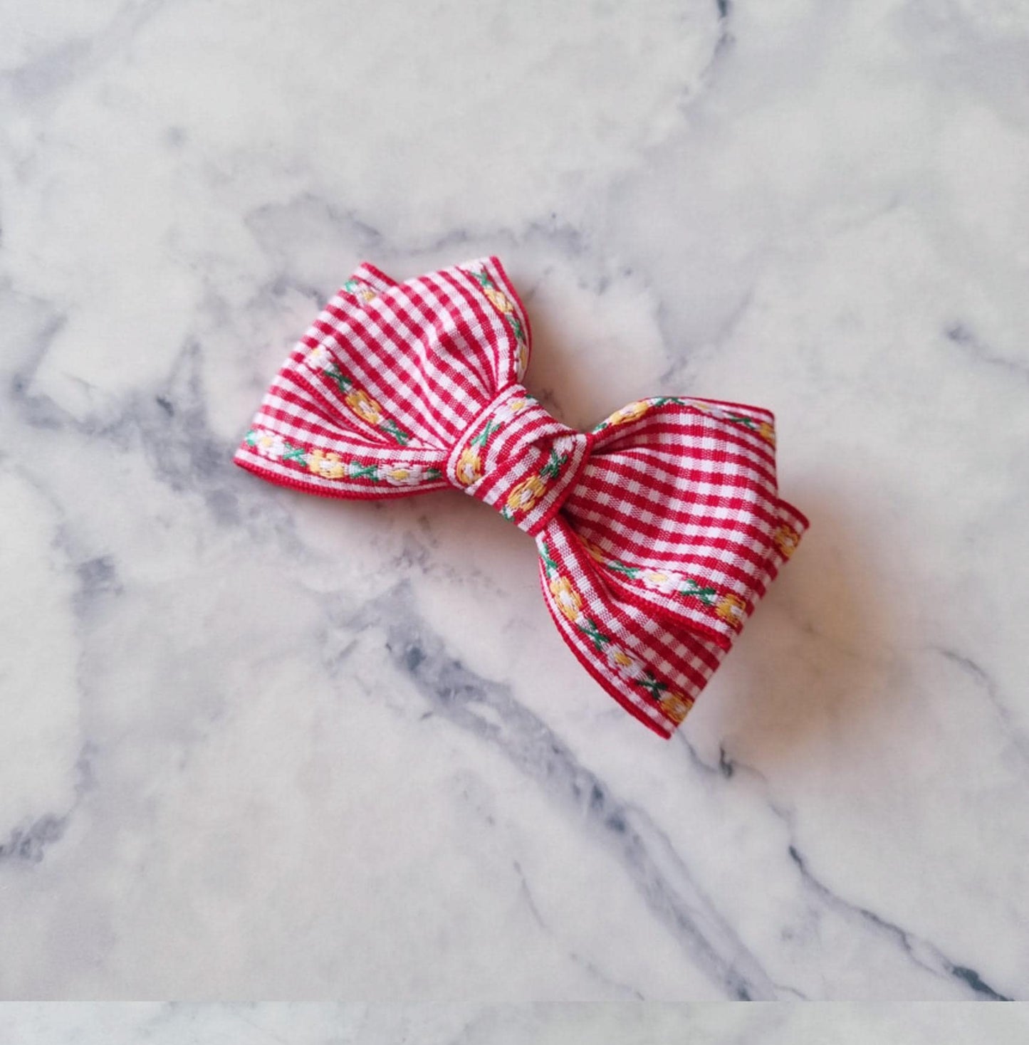 Gingham Garden Double Bow Hair Clip checkered pink orange red yellow purple Korean handmade pastel ribbon nickel free [with Pinkluvme]