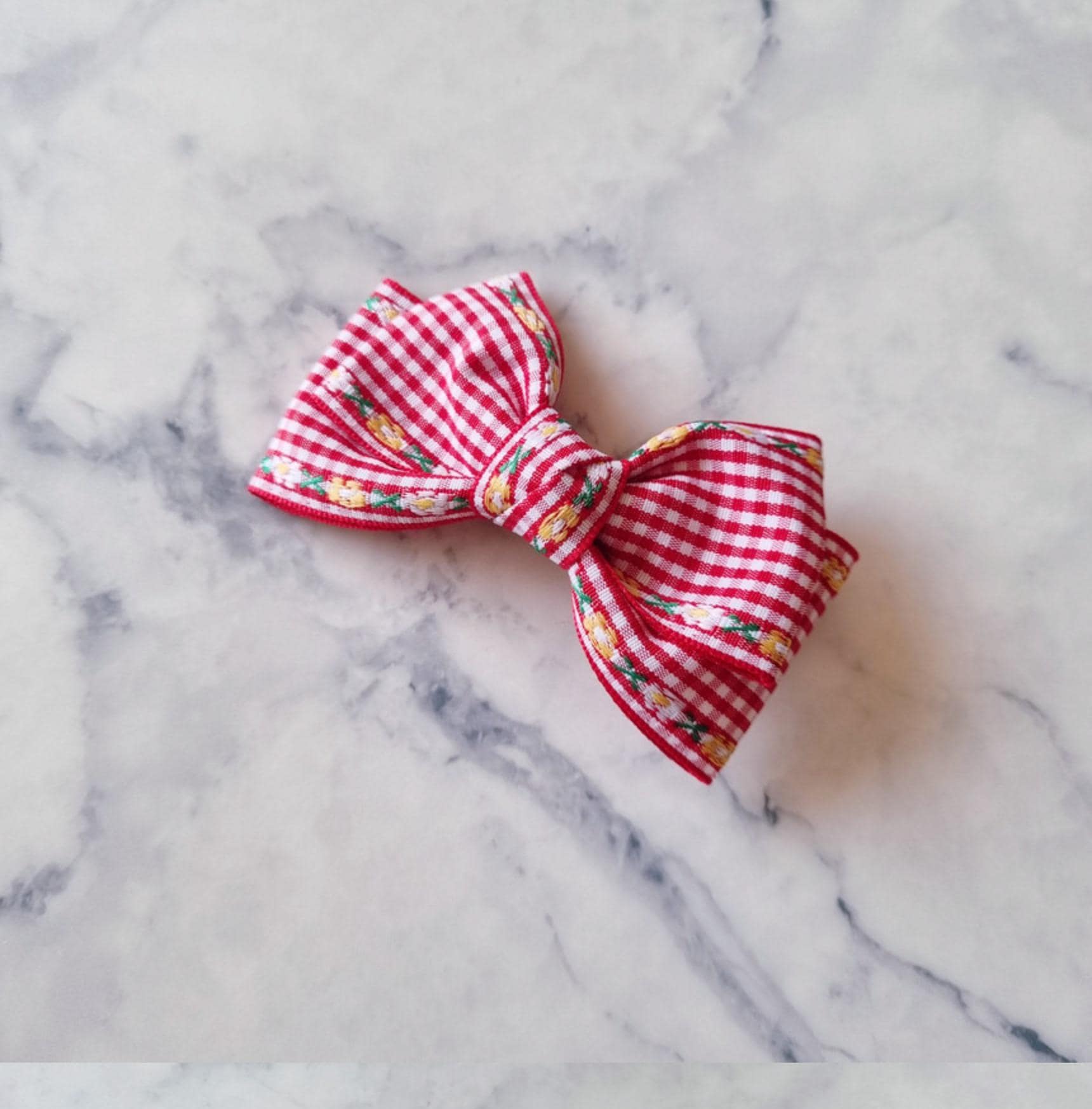 Gingham Garden Double Bow Hair Clip checkered pink orange red yellow purple Korean handmade pastel ribbon nickel free [with Pinkluvme]