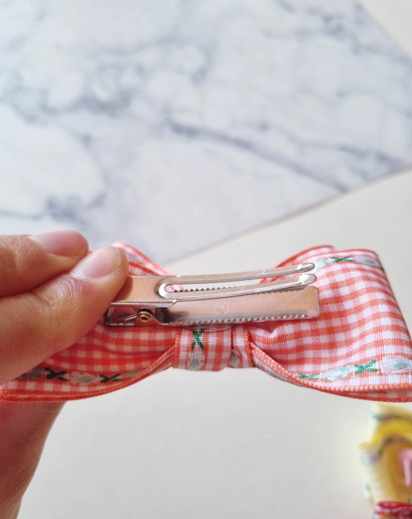 Gingham Garden Double Bow Hair Clip checkered pink orange red yellow purple Korean handmade pastel ribbon nickel free [with Pinkluvme]