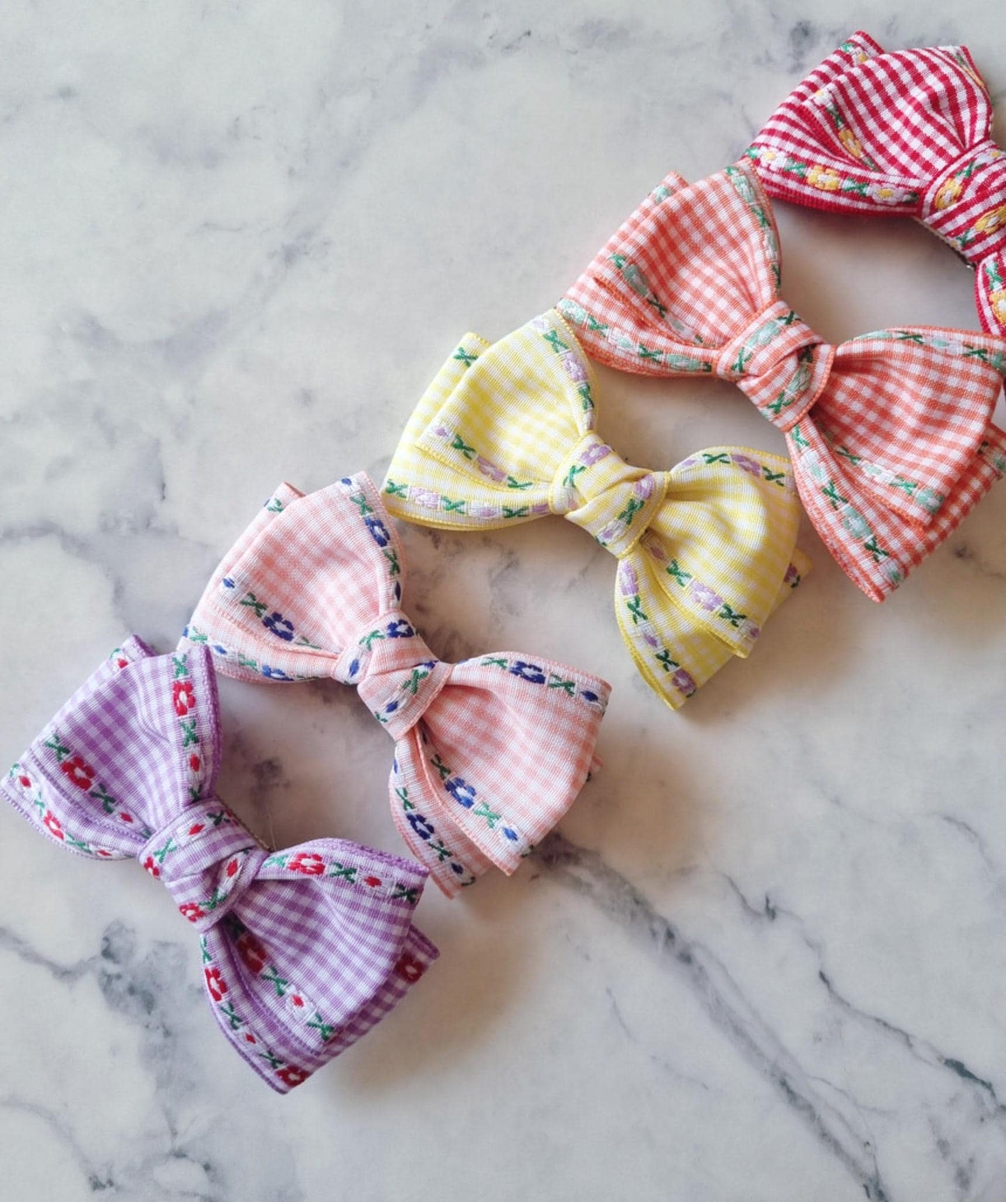 Gingham Garden Double Bow Hair Clip checkered pink orange red yellow purple Korean handmade pastel ribbon nickel free [with Pinkluvme]