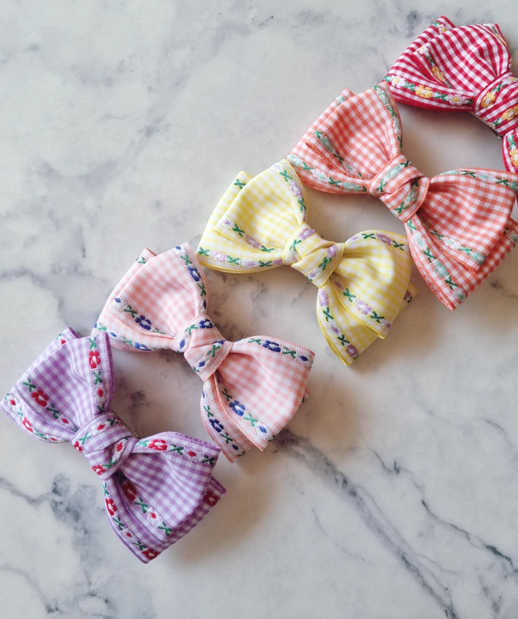 Gingham Garden Double Bow Hair Clip checkered pink orange red yellow purple Korean handmade pastel ribbon nickel free [with Pinkluvme]