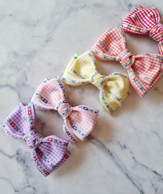Gingham Garden Double Bow Hair Clip checkered pink orange red yellow purple Korean handmade pastel ribbon nickel free [with Pinkluvme]